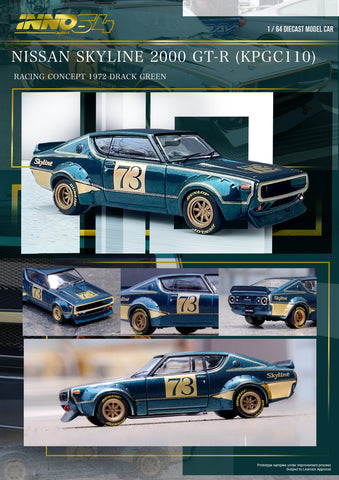 Inno64 1:64 Nissan Skyline 2000 GT-R (KPGC110) Racing Concept 1972 Drack Green - Unrivaled USA