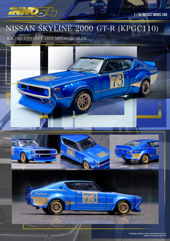 Inno64 1:64 Nissan Skyline 2000 GT-R (KPGC110) Racing Concept 1972 Metallic Blue - Unrivaled USA